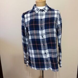 WOOLRICH Women's Large Plaid Flannel Button Up Shirt Blue White Orange Cotton